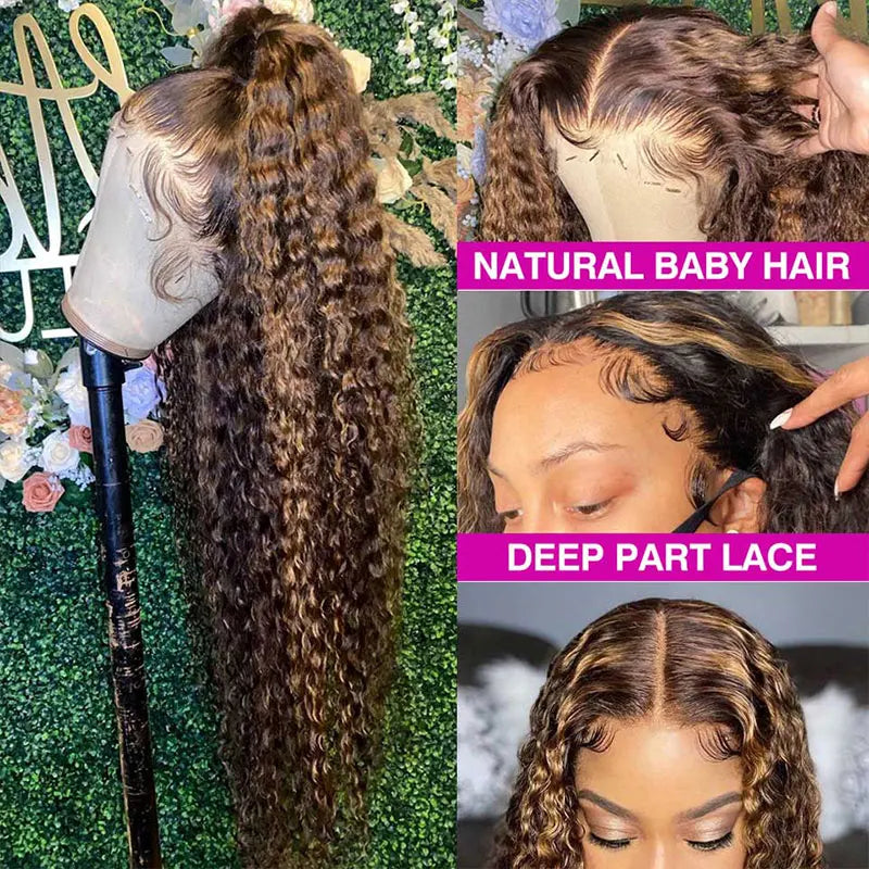 Honey Blonde Water Wave Lace Front Curly Wigs